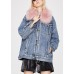 Fashion denim blue Pink fur collar Winter Duck Down Jacket