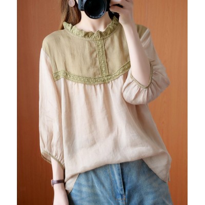 Handmade Peter pan Collar patchwork lace clothes For Women nude blouses
