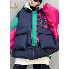 Elegant Navy Pockets Patchwork Thick Winter Cotton Puffer Jacket